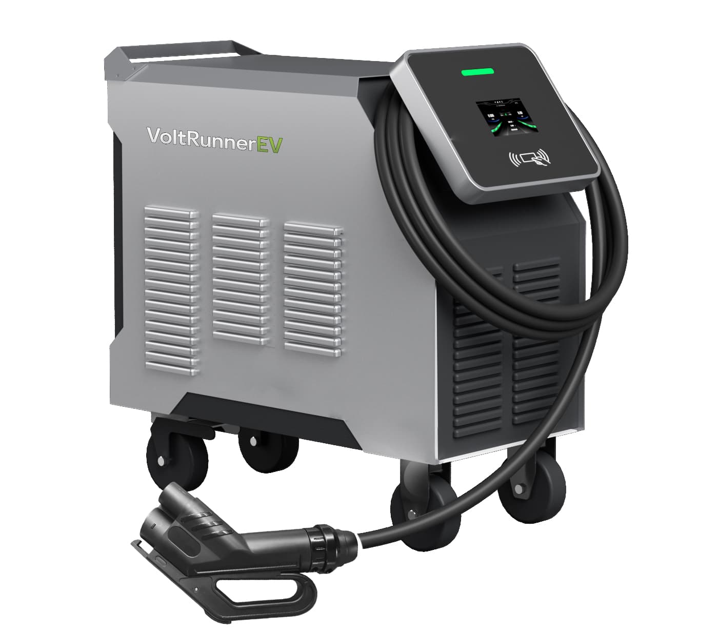 A VoltRunner EV branded mobile DC charging unit on wheels, with its cable and connector coiled at the front.
